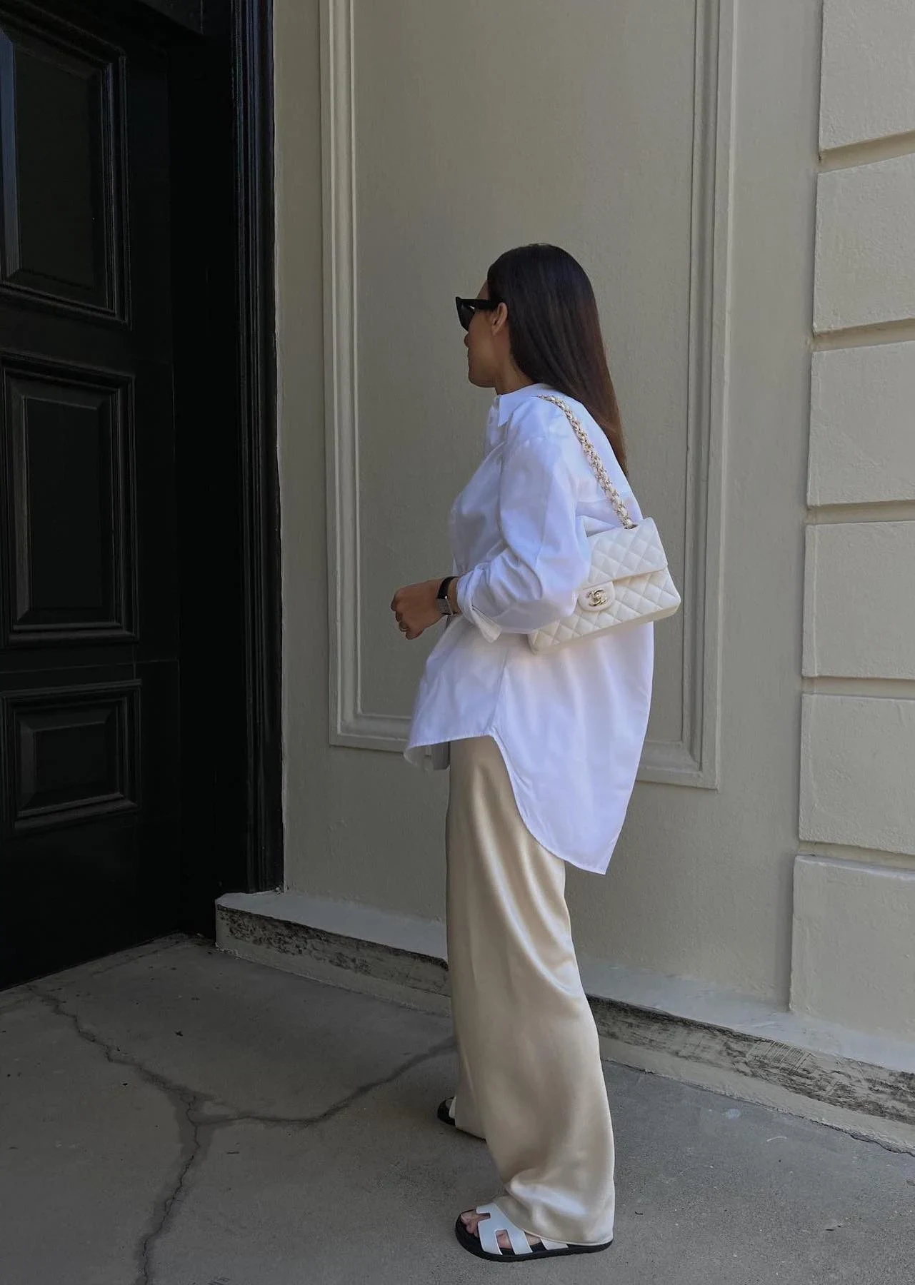 Oversized White Shirt Champagne Silk Trousers Outfit