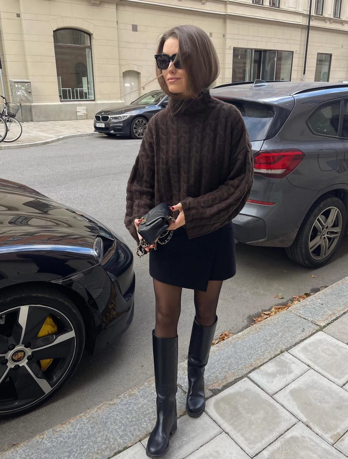 Brown Faux Fur Jacket Outfit with Black Mini Skirt