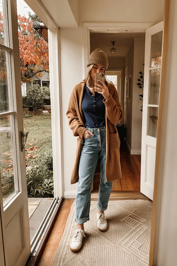 Camel Cardigan Outfit with Navy Henley and Jeans