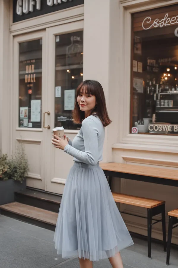Powder Blue Tulle Midi Skirt with Fitted Long Sleeve Top