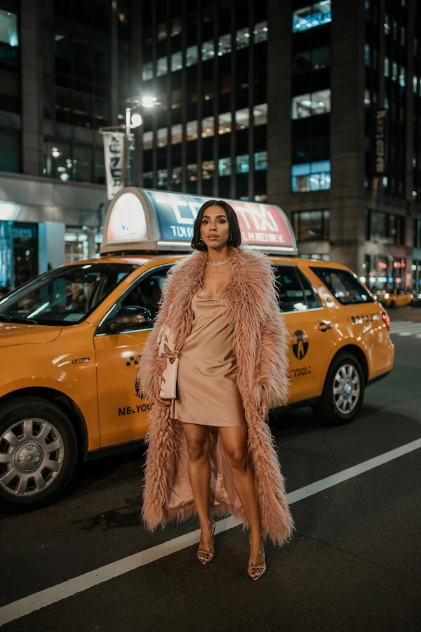 Blush Pink Feather Coat Satin Mini Dress Outfit
