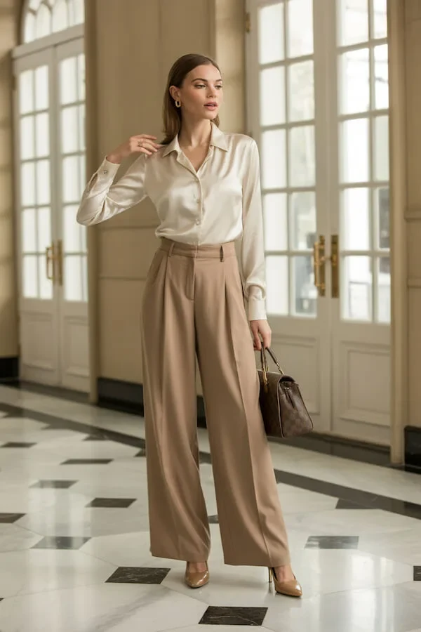 Ivory Silk Shirt Camel Wide-Leg Trousers Outfit
