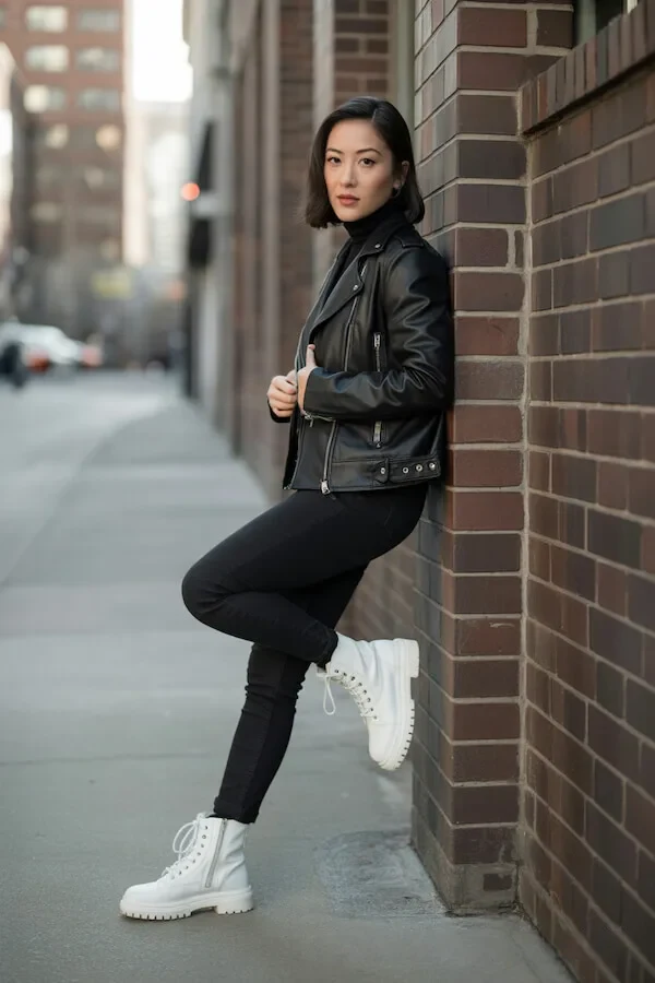 Black Leather Moto Jacket Outfit with White Lug Sole Boots
