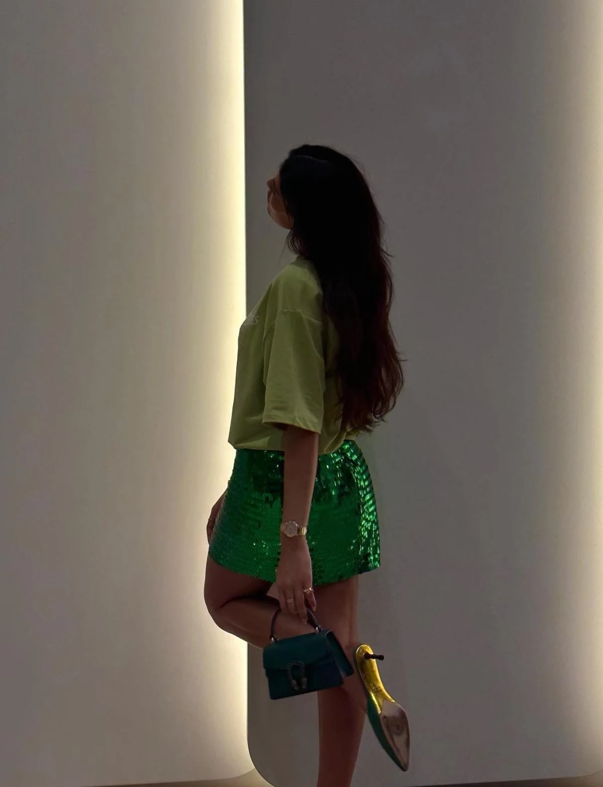 Green Sequin Shorts Outfit with Oversized Olive Tee