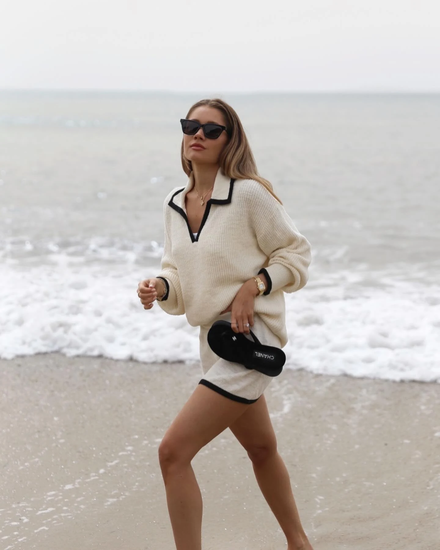 Cream Knit Polo Dress Beach Outfit with Black Trim