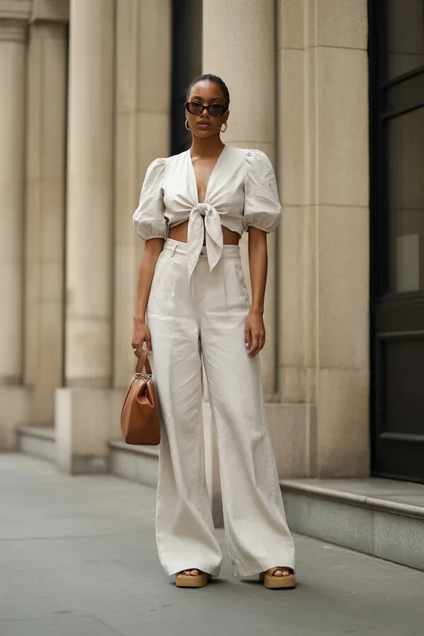 White Linen Puff Sleeve Tie-Front Top and Wide-Leg Trouser Set