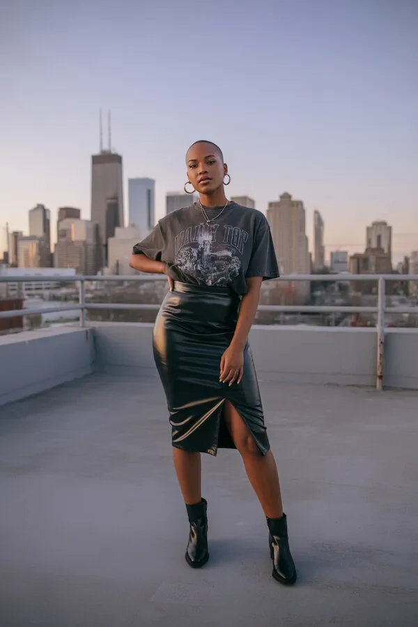 Graphic Tee Black Leather Skirt Outfit with Ankle Boots
