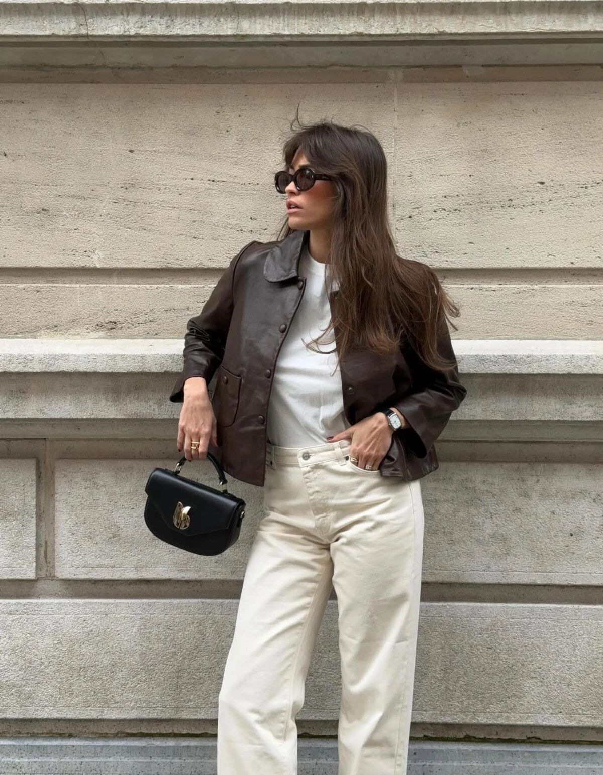 Chocolate Brown Leather Jacket Outfit with Cream Wide-Leg Jeans