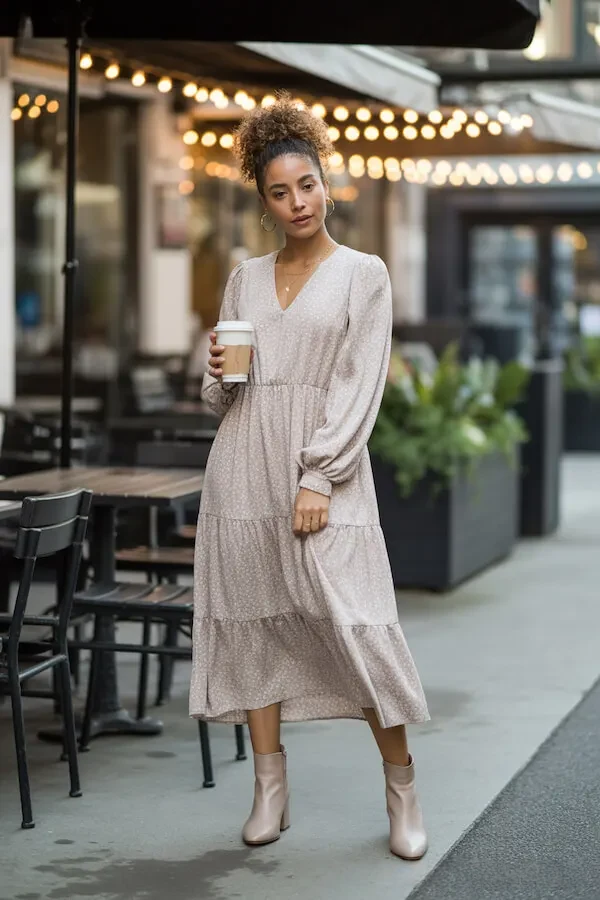 Beige Polka Dot Tiered Midi Dress with Ankle Boots