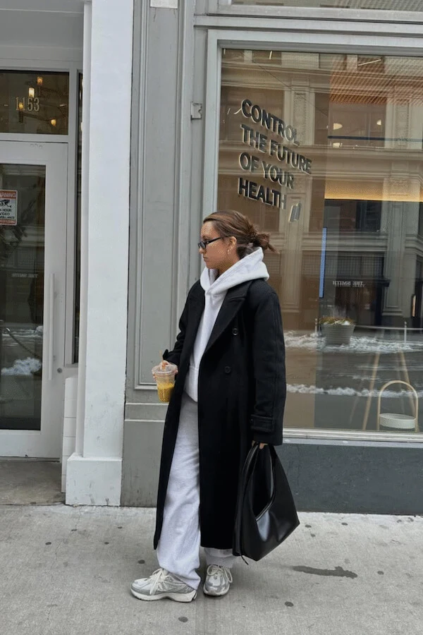 Black Coat White Hoodie Sweatpants Outfit Winter