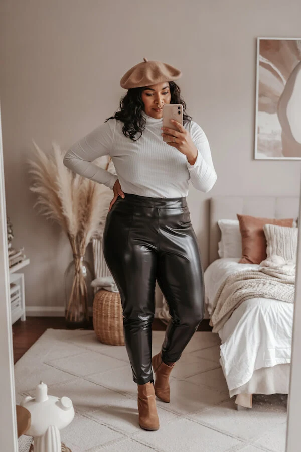White Turtleneck Black Leather Pants Outfit with Tan Beret