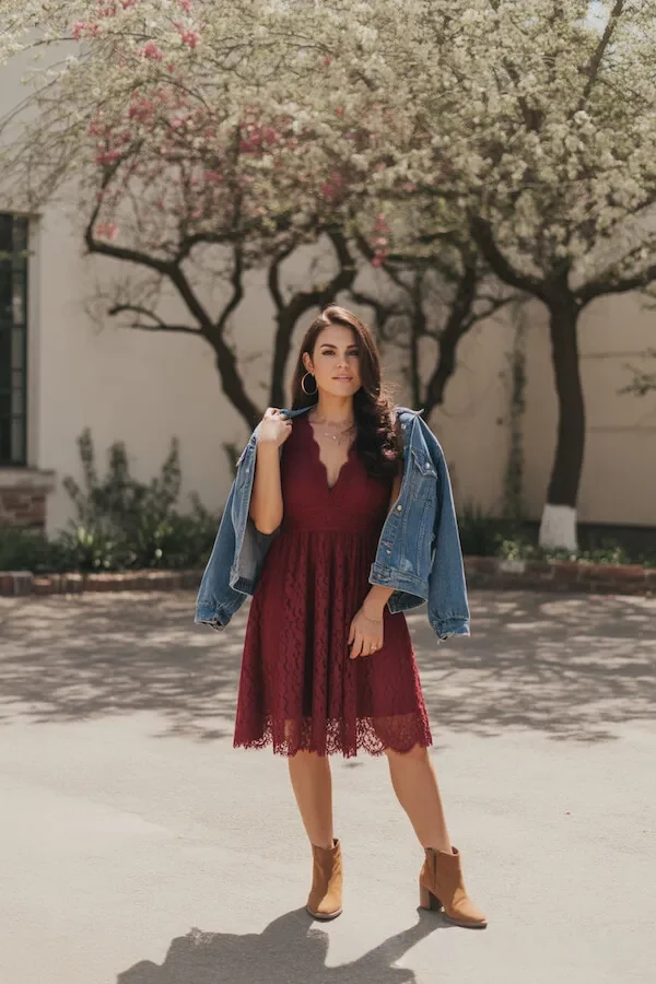 Burgundy Lace Dress with Denim Jacket and Tan Ankle Boots