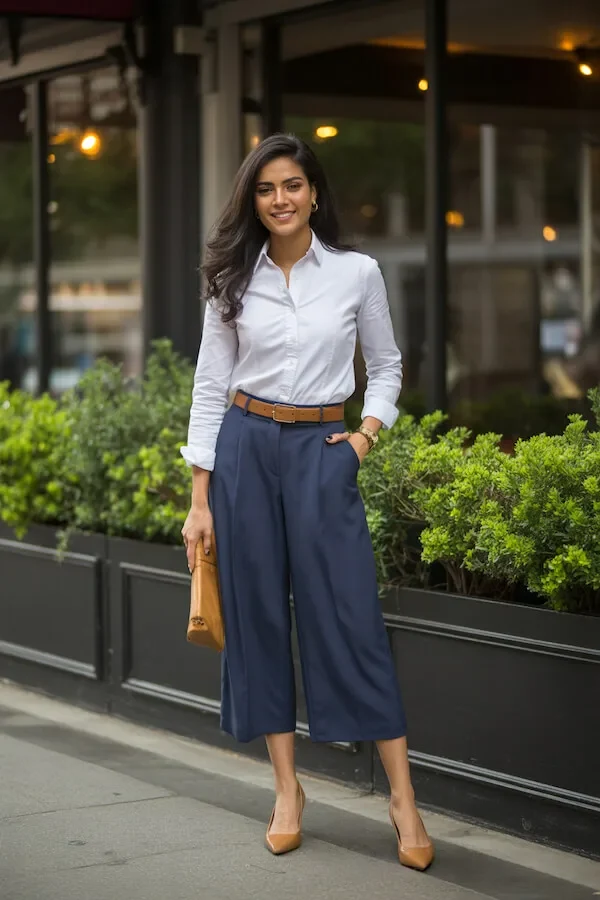 White Shirt Navy Wide-Leg Culottes Work Outfit