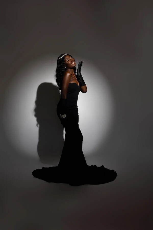 Black Mermaid Gown with Opera Gloves for Formal Events