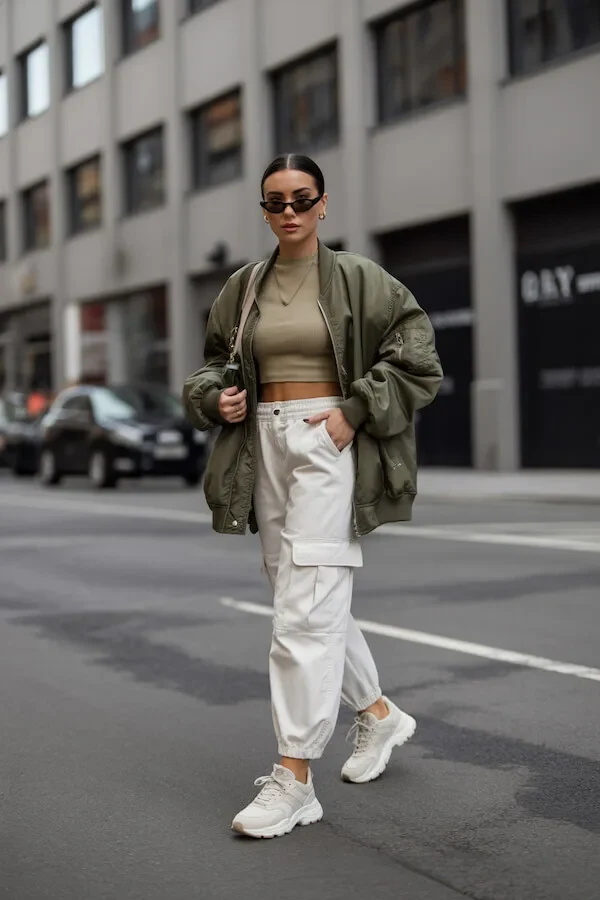 Olive Bomber Jacket Cropped Tee Cargo Pants Outfit