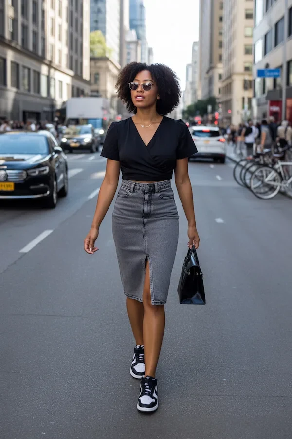 Black Wrap Top Grey Denim Pencil Skirt City Outfit