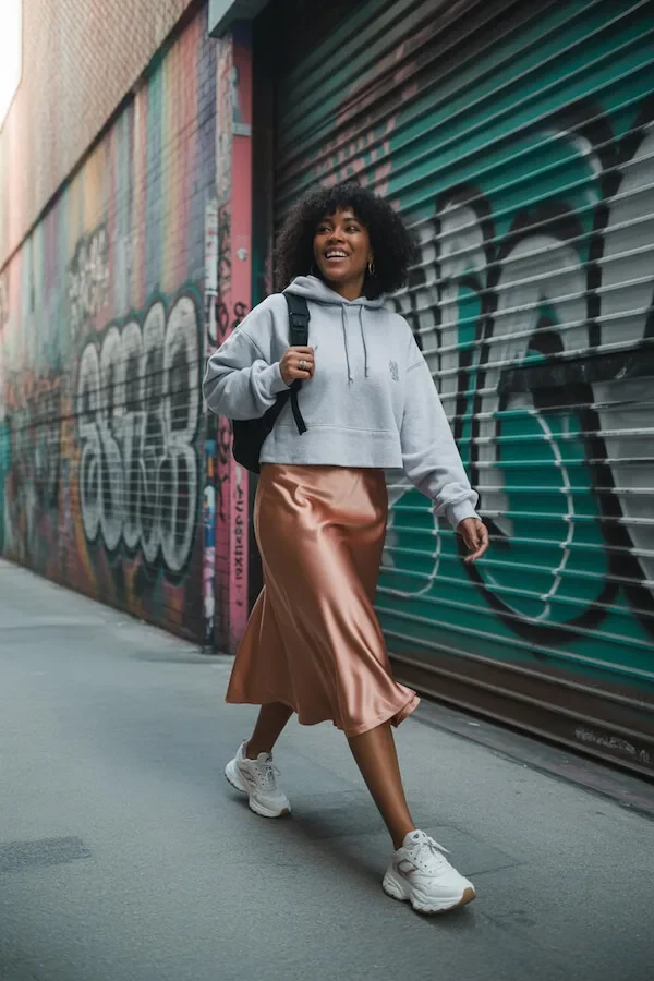 Cropped Grey Hoodie with Satin Midi Skirt and Chunky Trainers