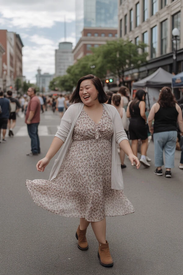 Floral Midi Dress with Light Cardigan and Ankle Boots