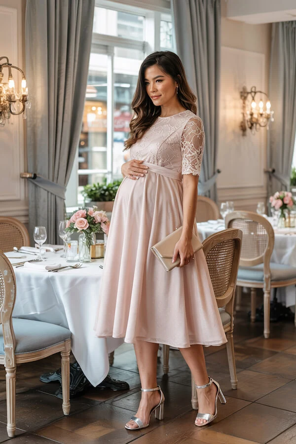 Blush Pink Lace Midi Dress Wedding Guest Outfit