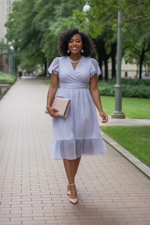 Lilac Wrap Dress with Sheer Sleeves and Polka Dot Hem