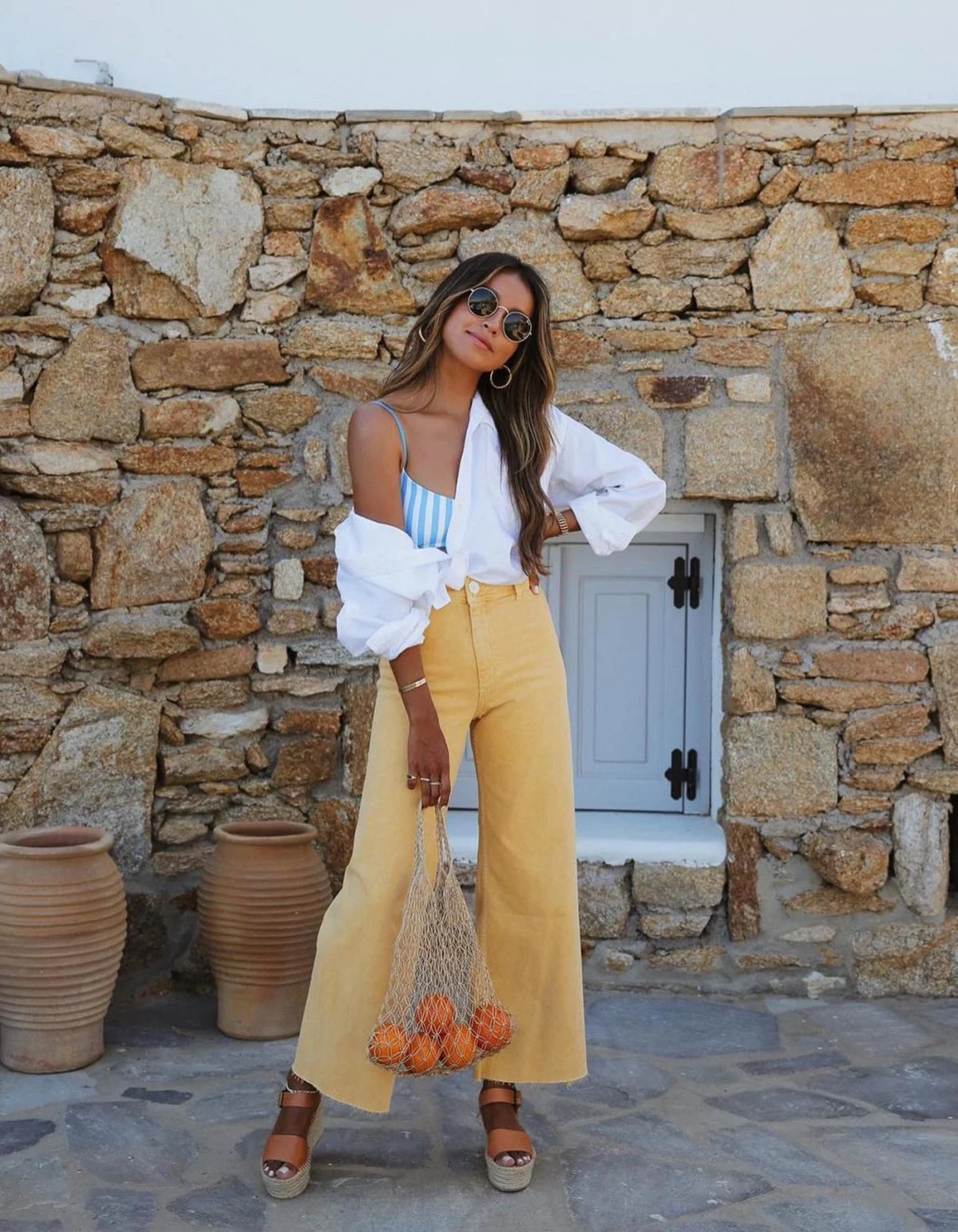 Mustard Wide-Leg Trousers Outfit with White Linen Shirt