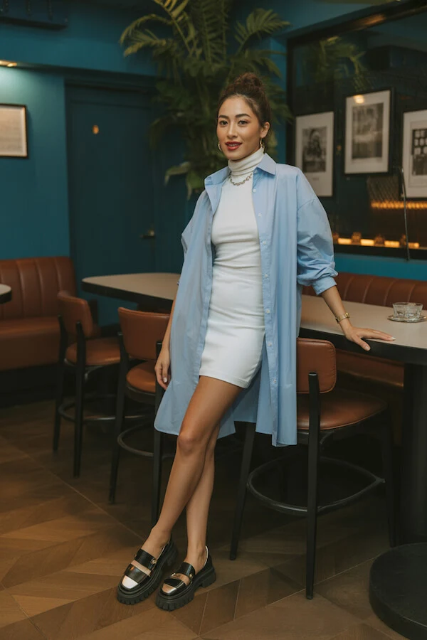 Light Blue Oversized Shirt Dress with White Bodycon Mini Dress Outfit