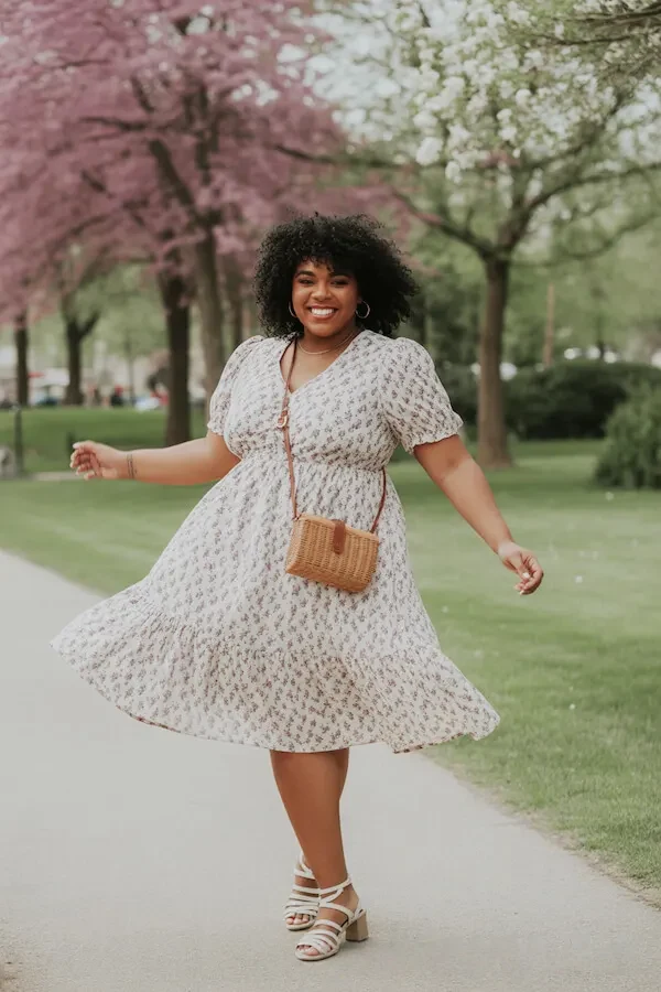 Cream Floral Tiered Mini Dress with Woven Crossbody Bag