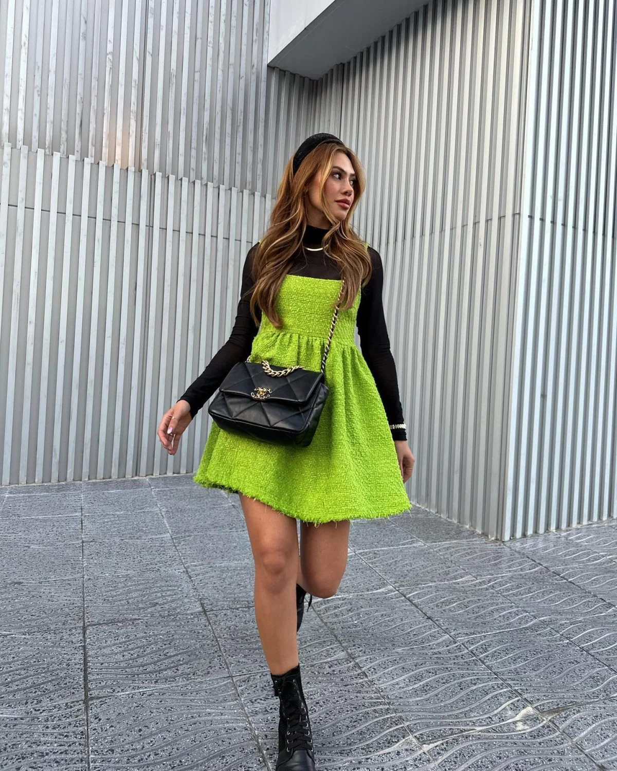 Neon Green Mini Dress Outfit with Black Turtleneck Layer