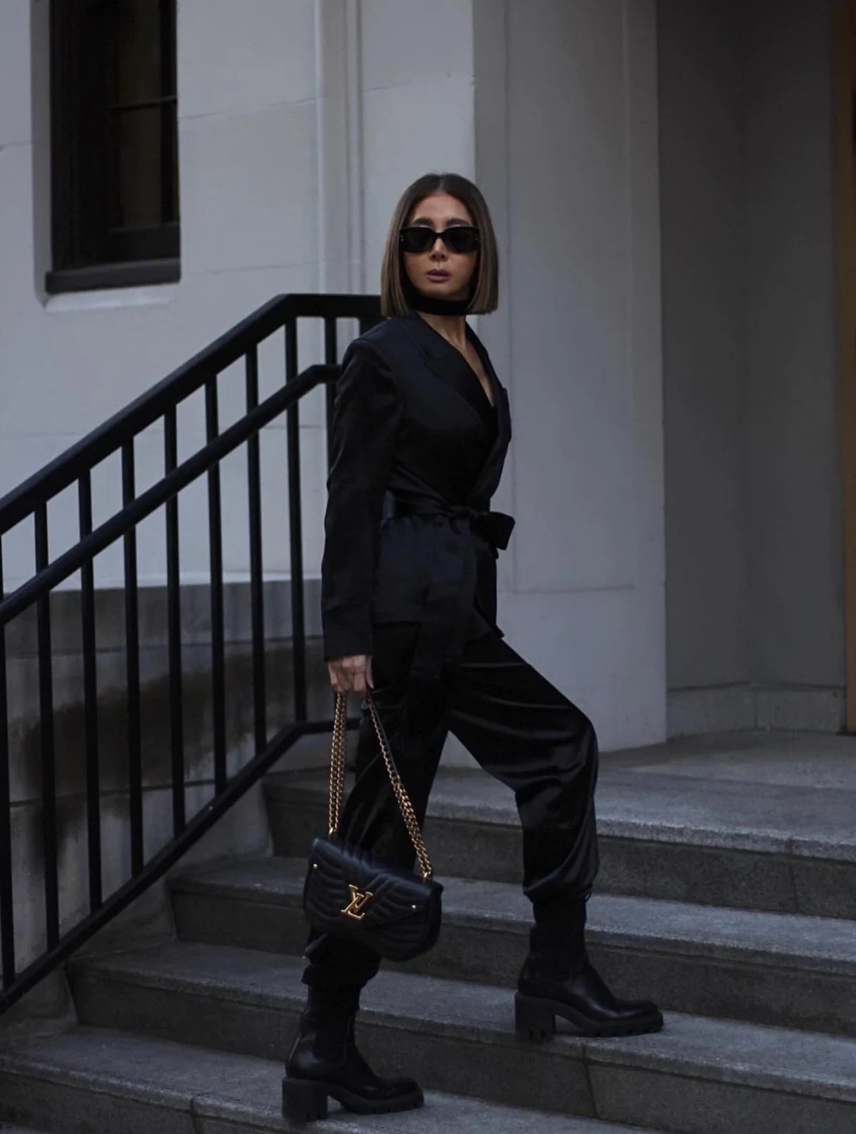 Black Wrap Blazer Outfit with Trousers and Boots