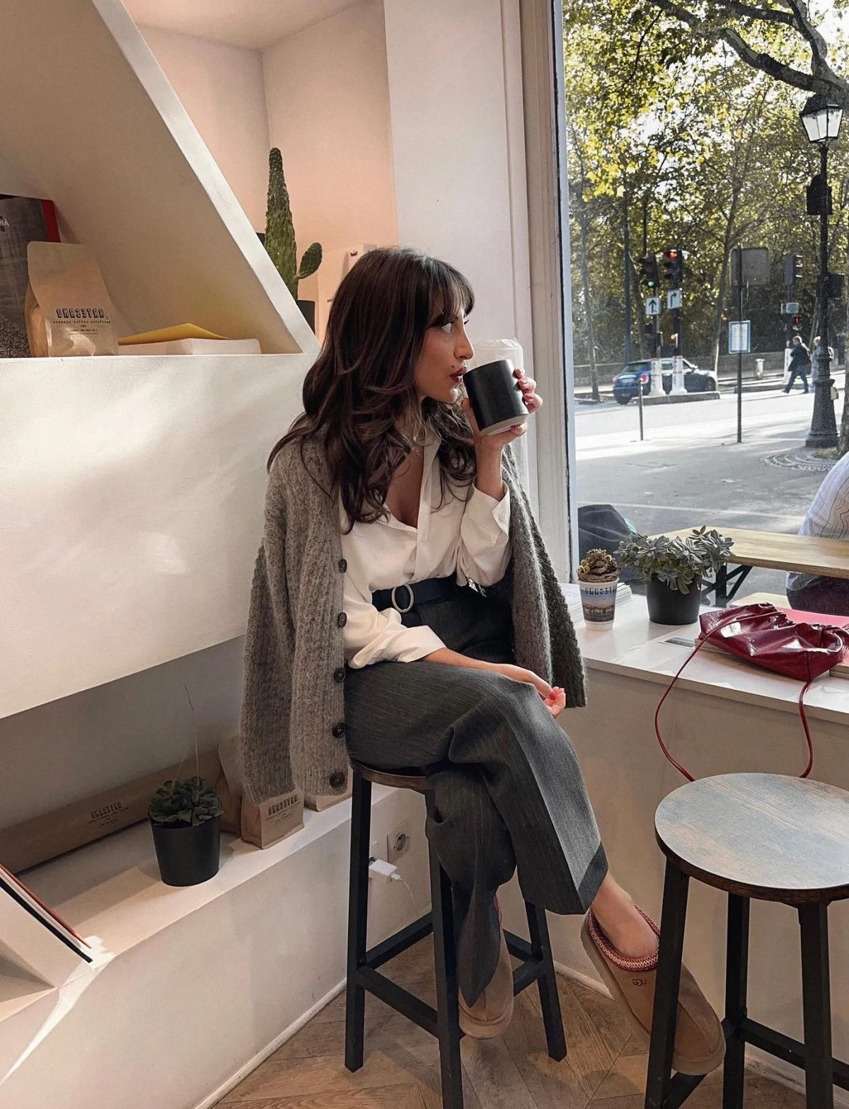 Cream Silk Shirt Grey Trousers Oatmeal Cardigan Café Outfit