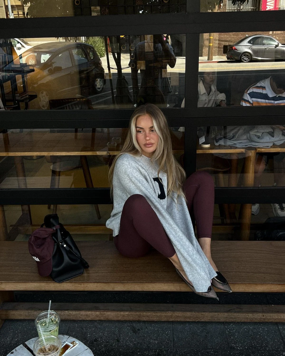 Grey Oversized Sweater Outfit with Burgundy Leggings