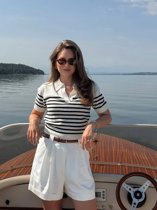 Navy Striped Polo Knit White Shorts Coastal Summer Outfit