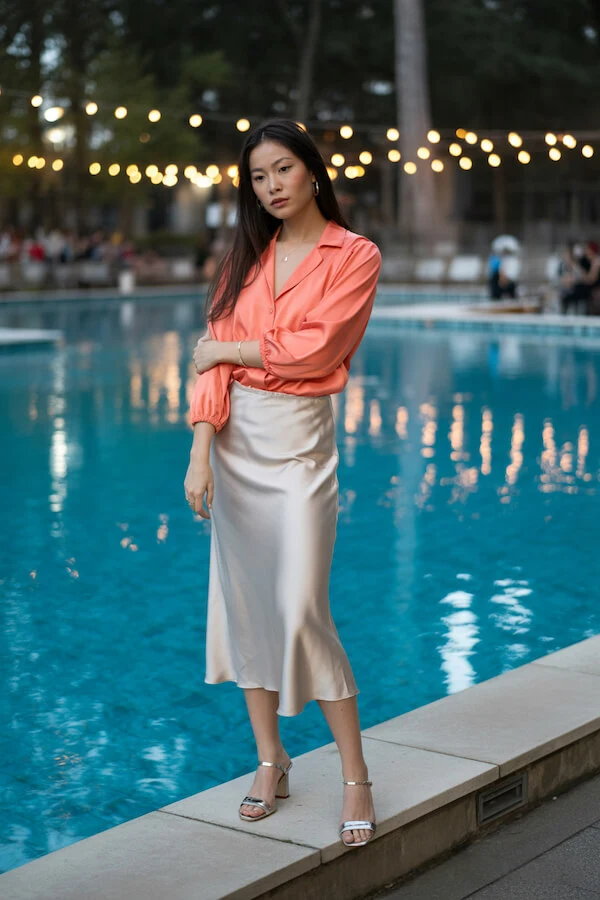 Coral Silk Shirt Champagne Slip Skirt Summer Outfit