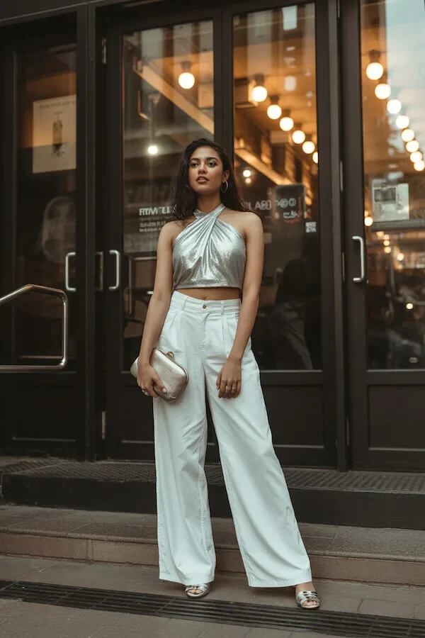 Silver Halter Crop Top with Wide Leg White Trousers Evening Outfit