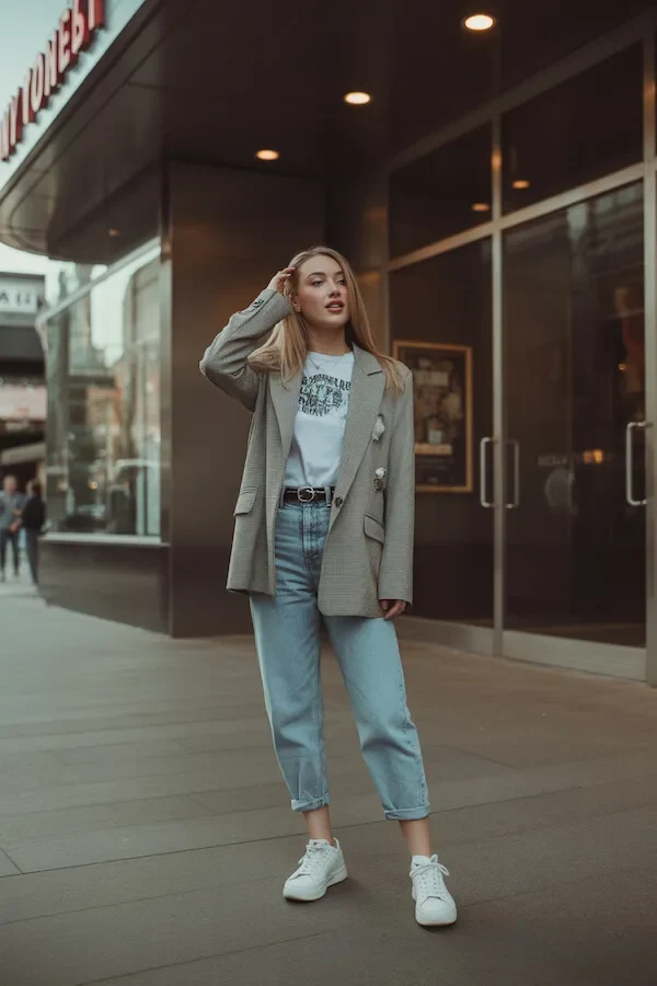 Beige Check Blazer White Graphic Tee Light Wash Jeans Outfit