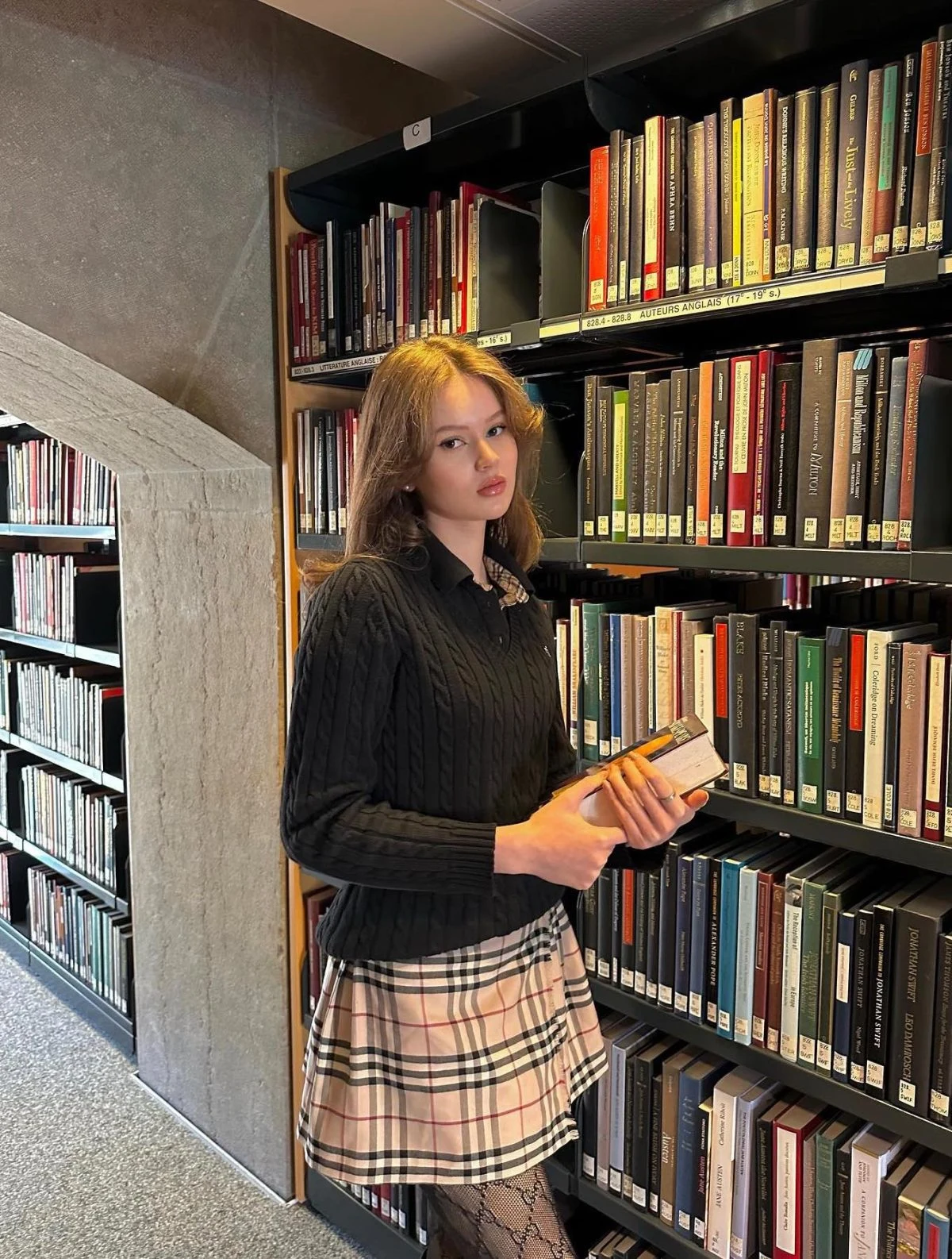 Black Cable Knit Polo Sweater with Plaid Mini Skirt
