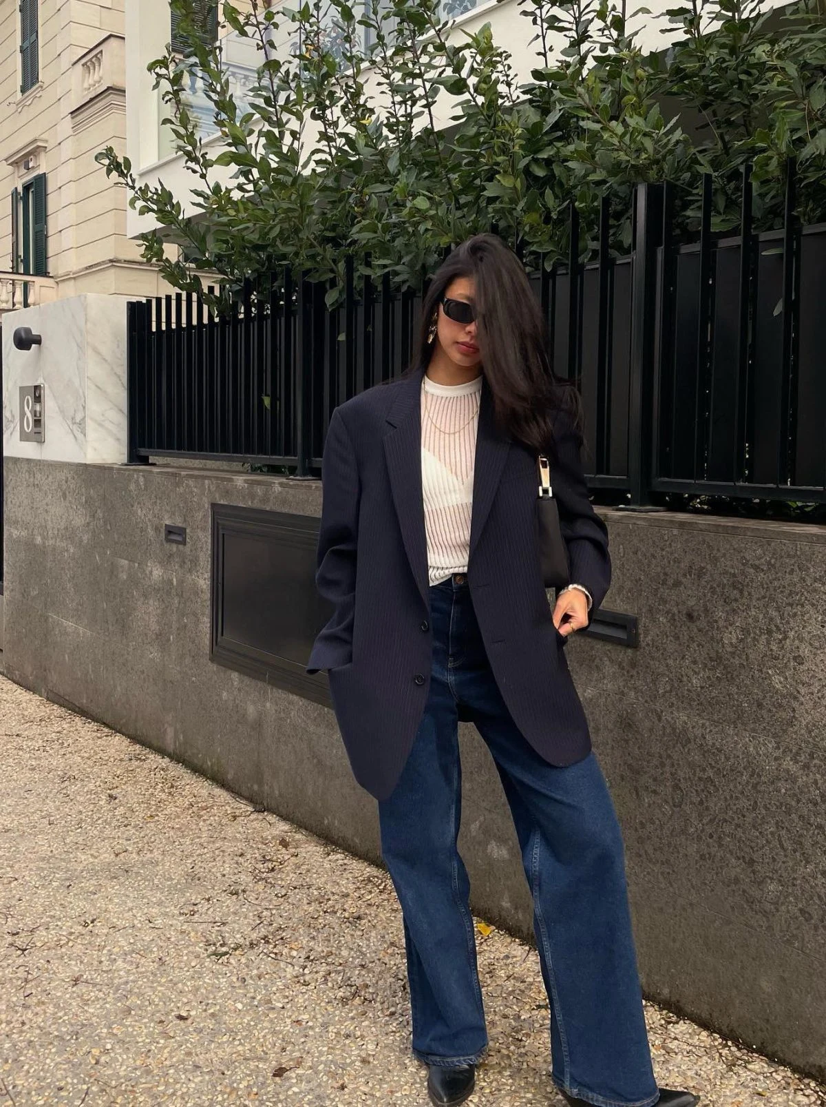 Navy Oversized Blazer Outfit with Cream Knit and Wide-Leg Jeans