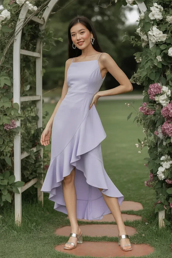 Lilac Midi Dress with Asymmetric Ruffle Hem and Thin Straps