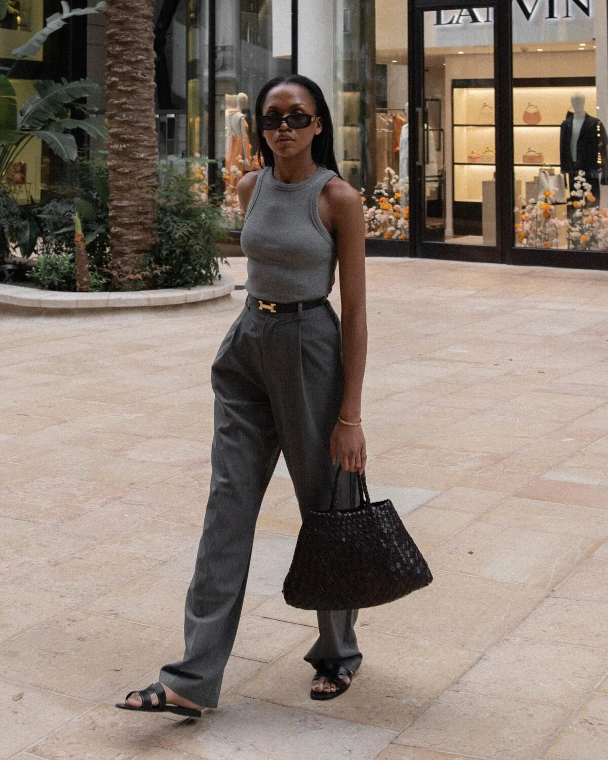 Grey Ribbed Tank High-Waisted Trousers Outfit