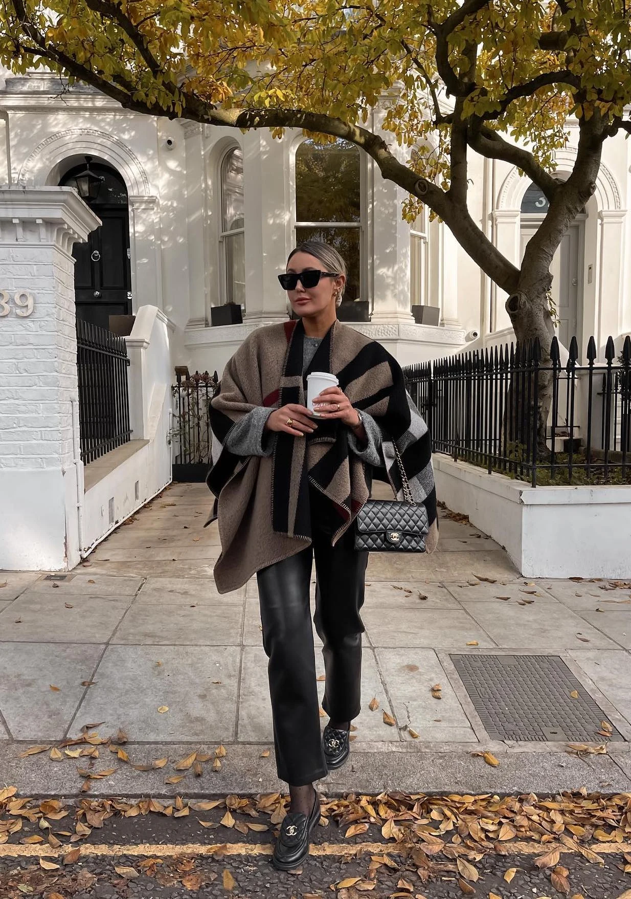 Geometric Blanket Scarf Outfit with Black Trousers