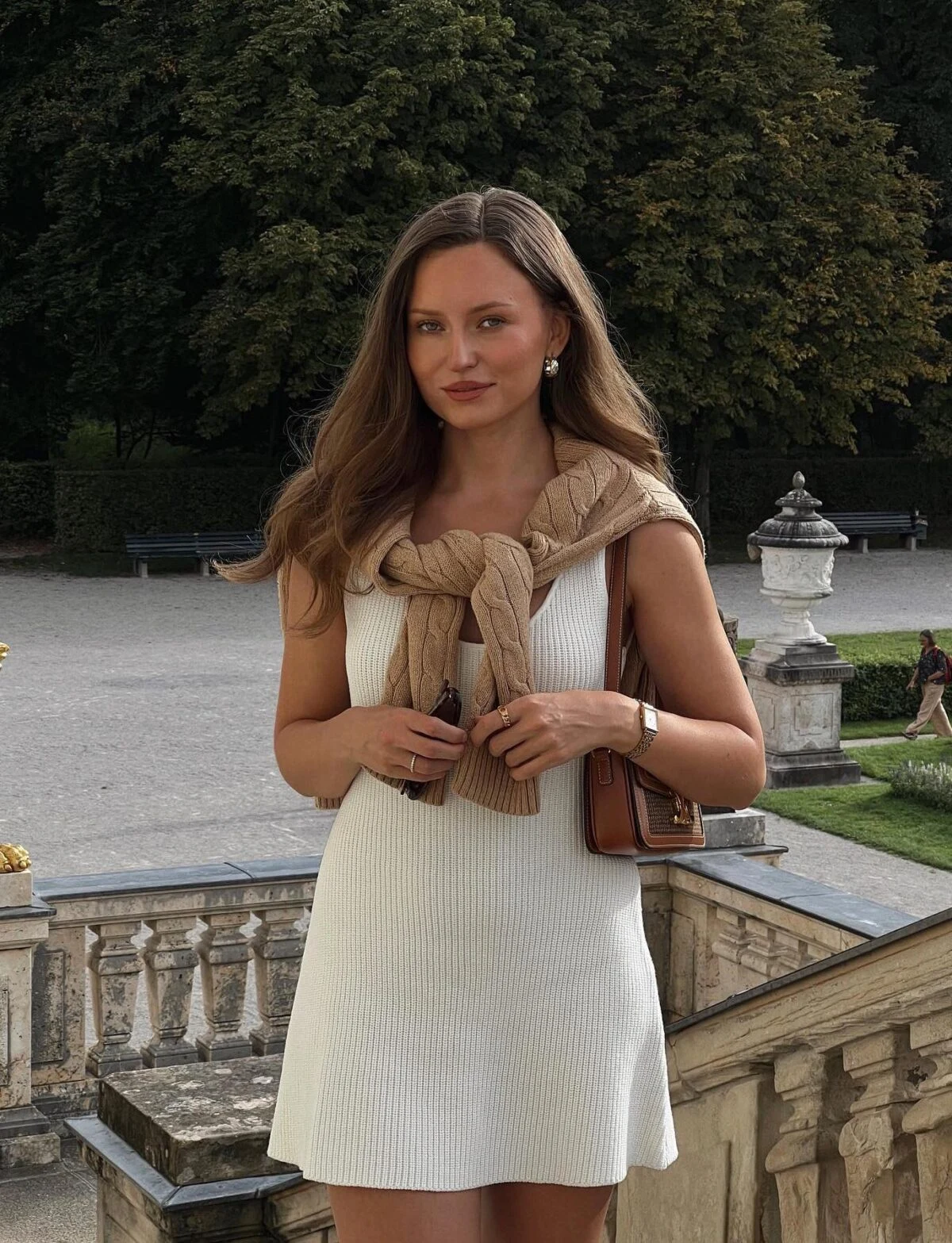 Cream Knit Mini Dress with Camel Cardigan Draped