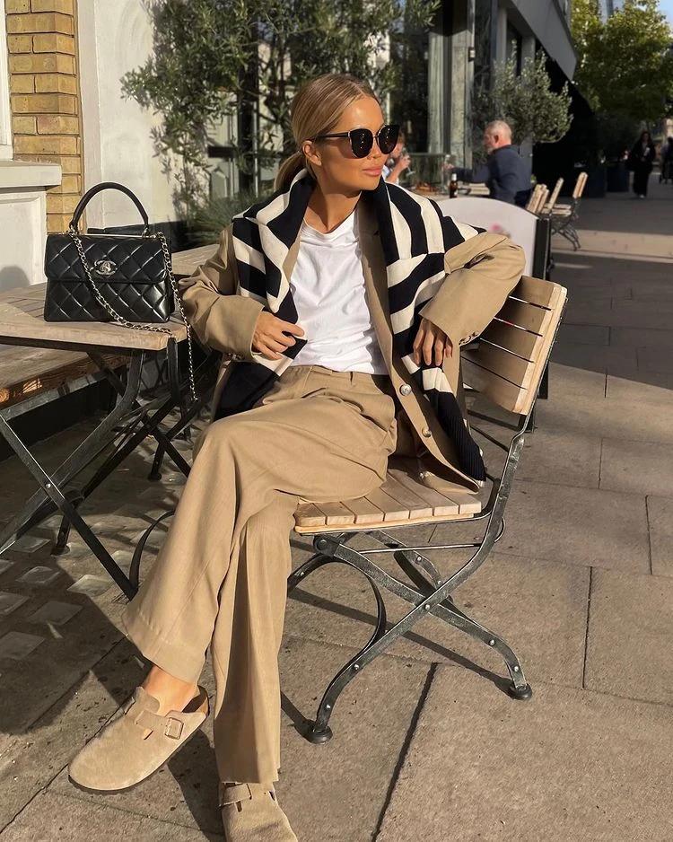 Camel Wide-Leg Trousers Outfit with Striped Scarf