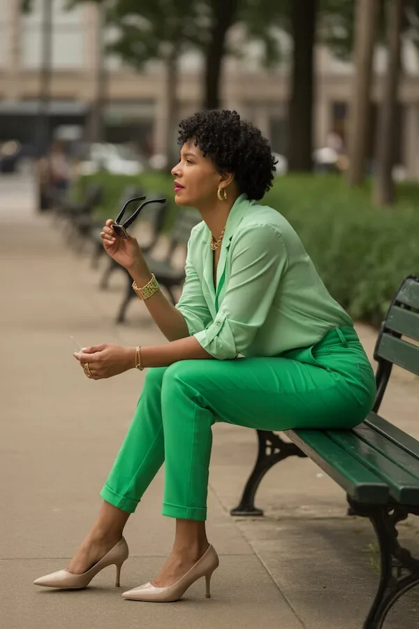Mint and Green Color Block Suit with Nude Pumps