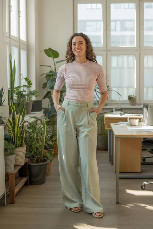 Pink Ribbed Top Mint Wide-Leg Trousers Office Outfit