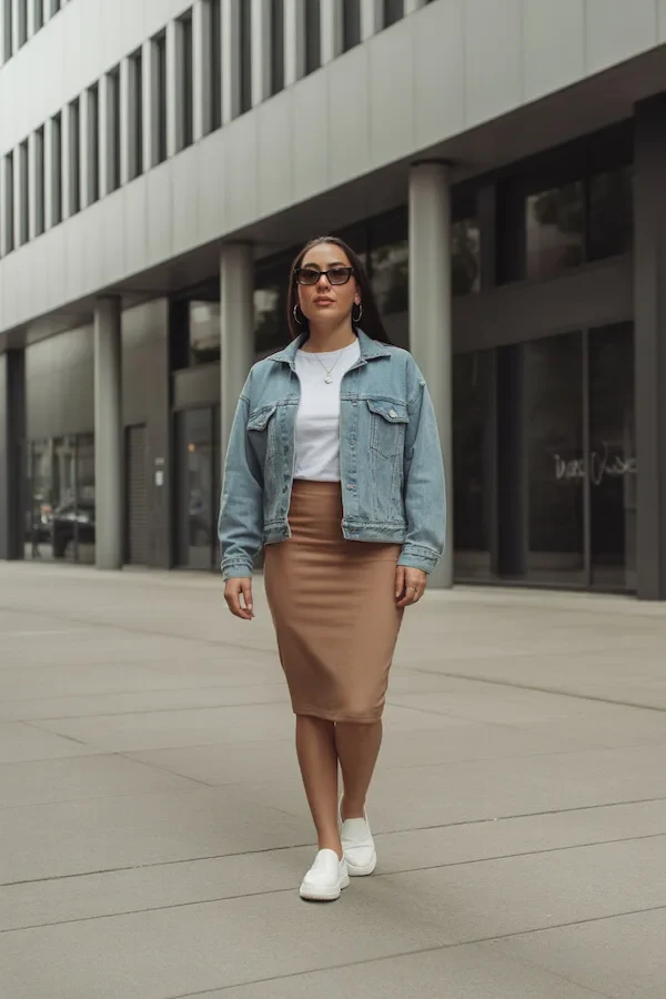Light Denim Jacket White Crop Top Camel Midi Skirt Outfit