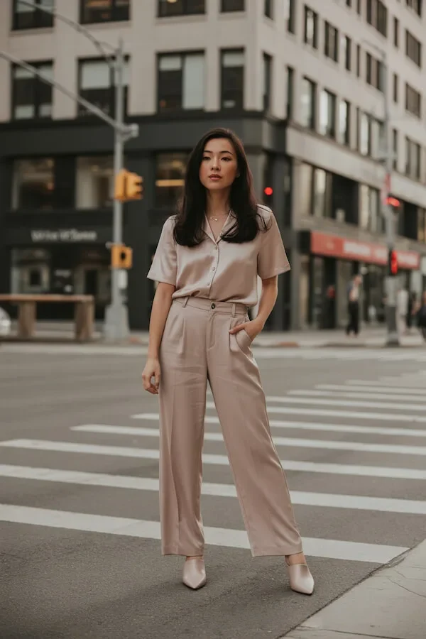Beige Satin Shirt and Wide-Leg Trousers City Outfit