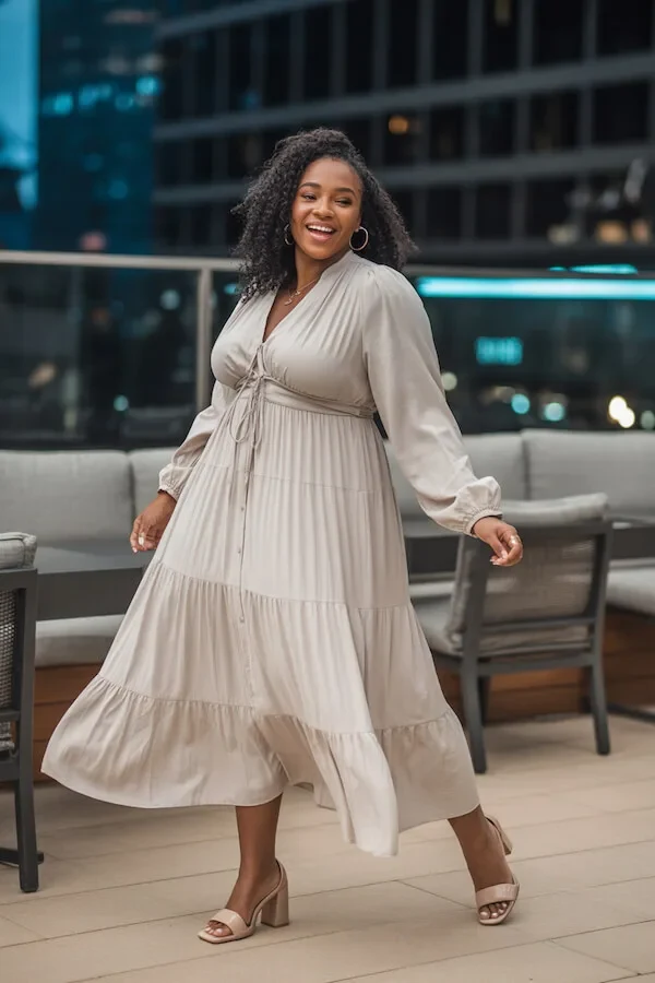 Beige Tiered Midi Dress with Long Sleeves and Wrap Waist