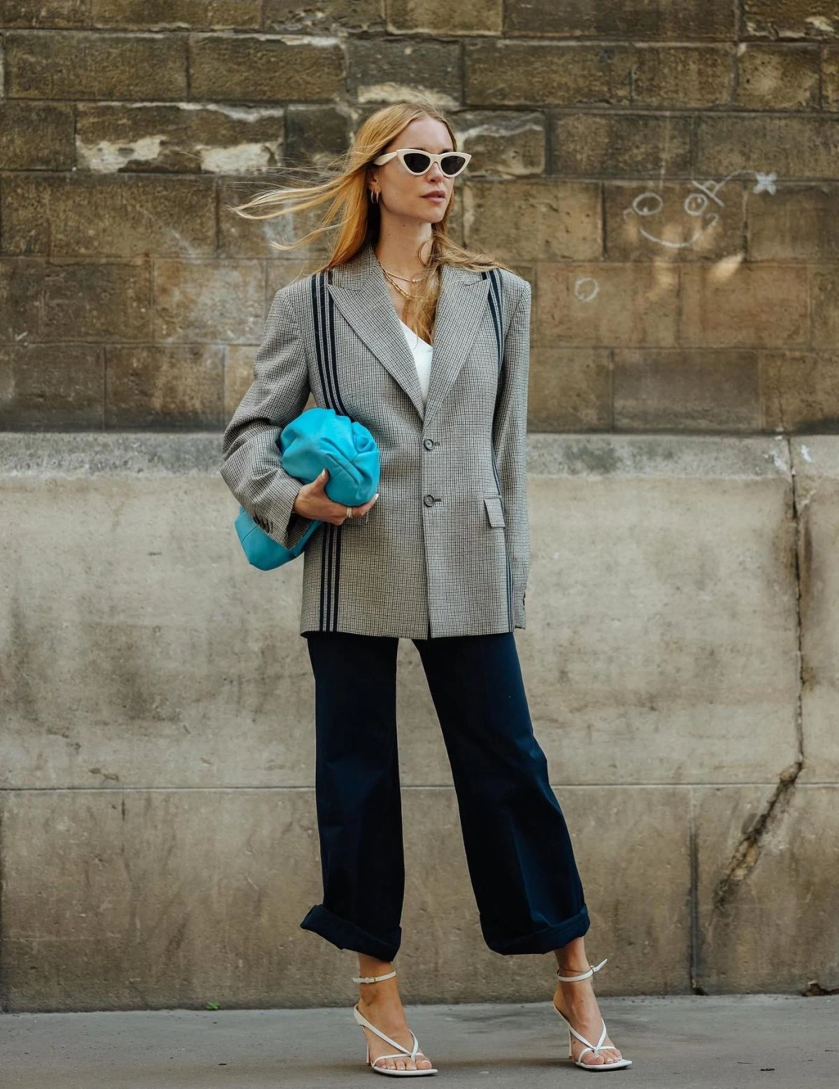 Grey Check Blazer Outfit with Wide-Leg Trousers