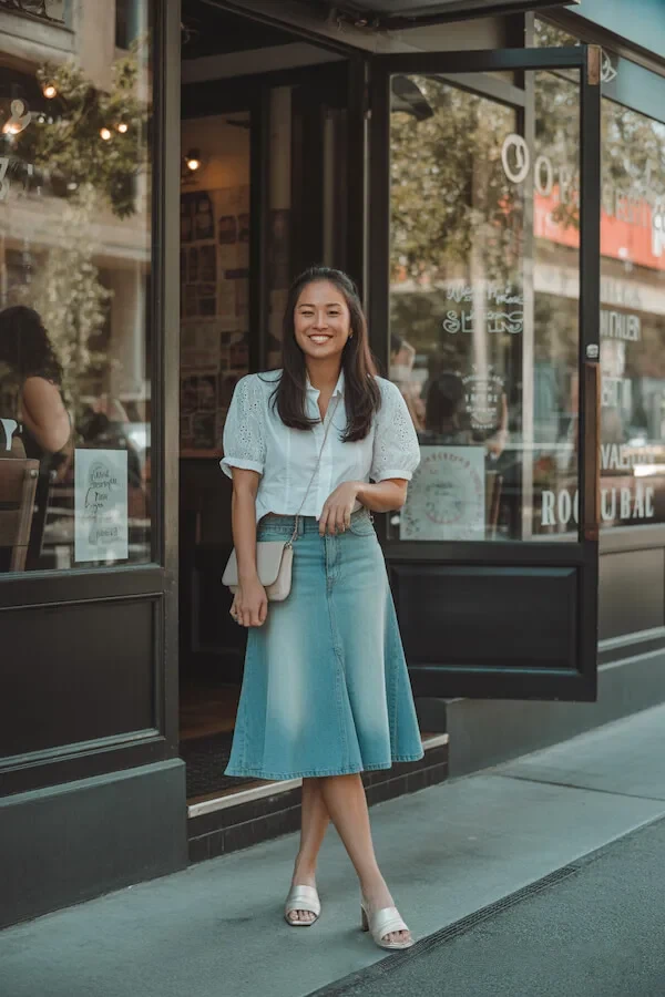 Light Blue Broderie Anglaise Blouse with Denim Midi Skirt