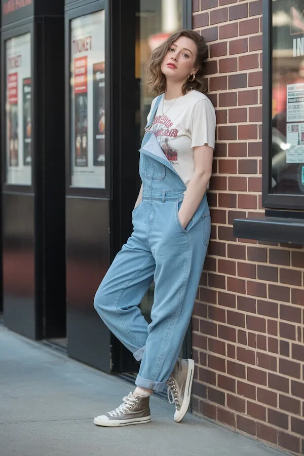 Light Blue Denim Overalls with Graphic Tee and High-Top Sneakers